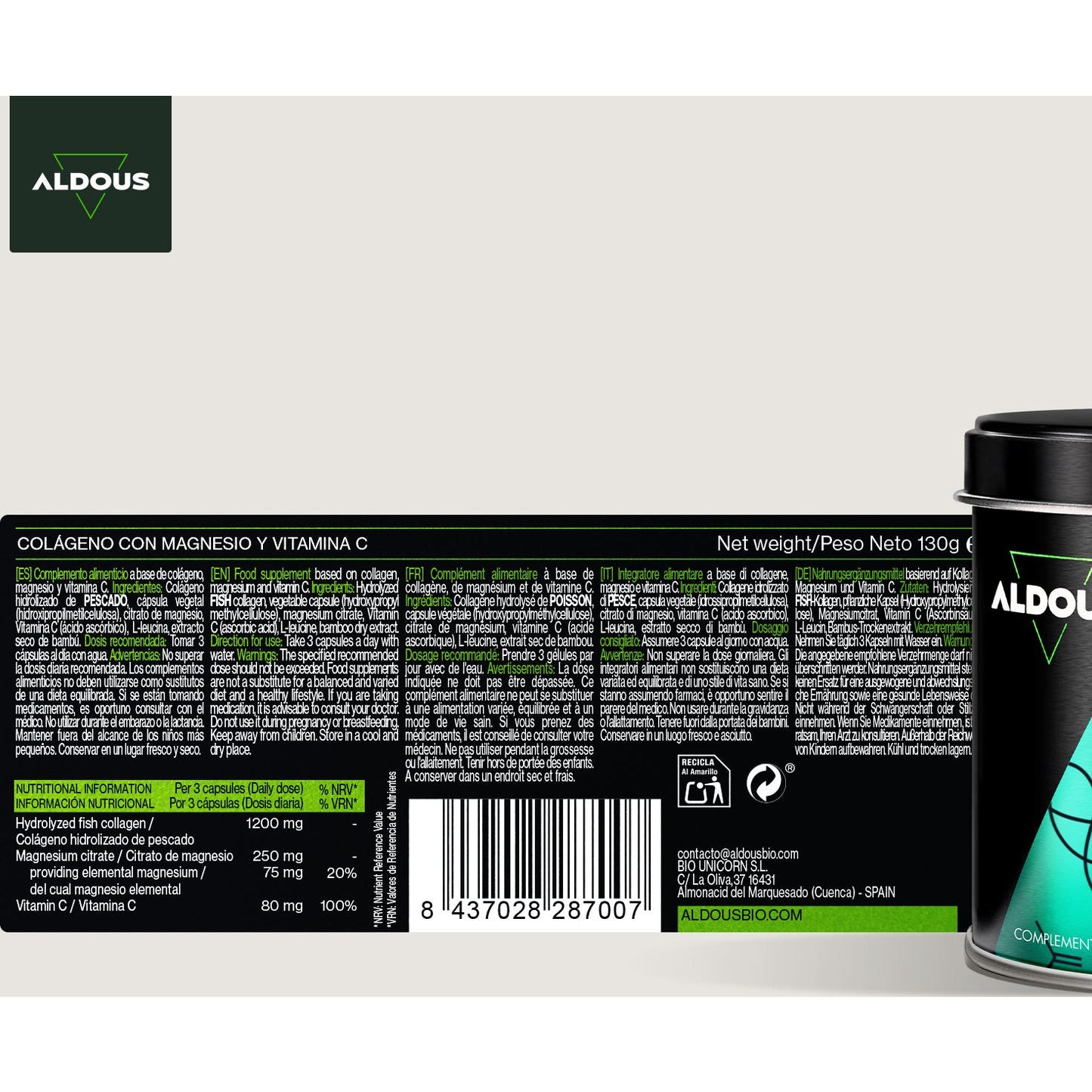 Aldous Bio Colágeno Hidrolizado Puro Magnesio Vitamina C 200caps
