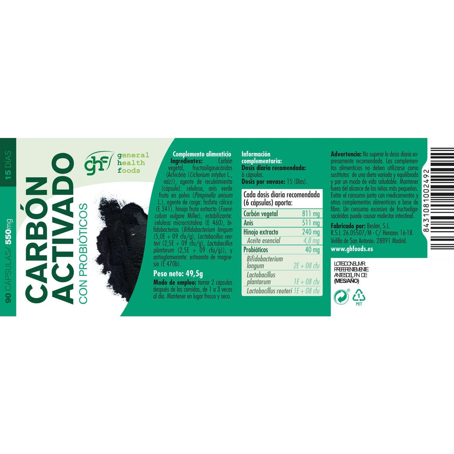 GHF Carbón Probiótico 550mg 90cáps