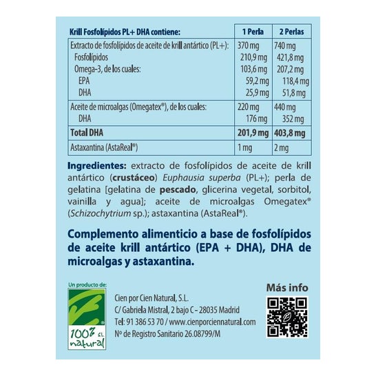 100% Natural Krill Fosfolípidos PL + DHA 30 Perlas
