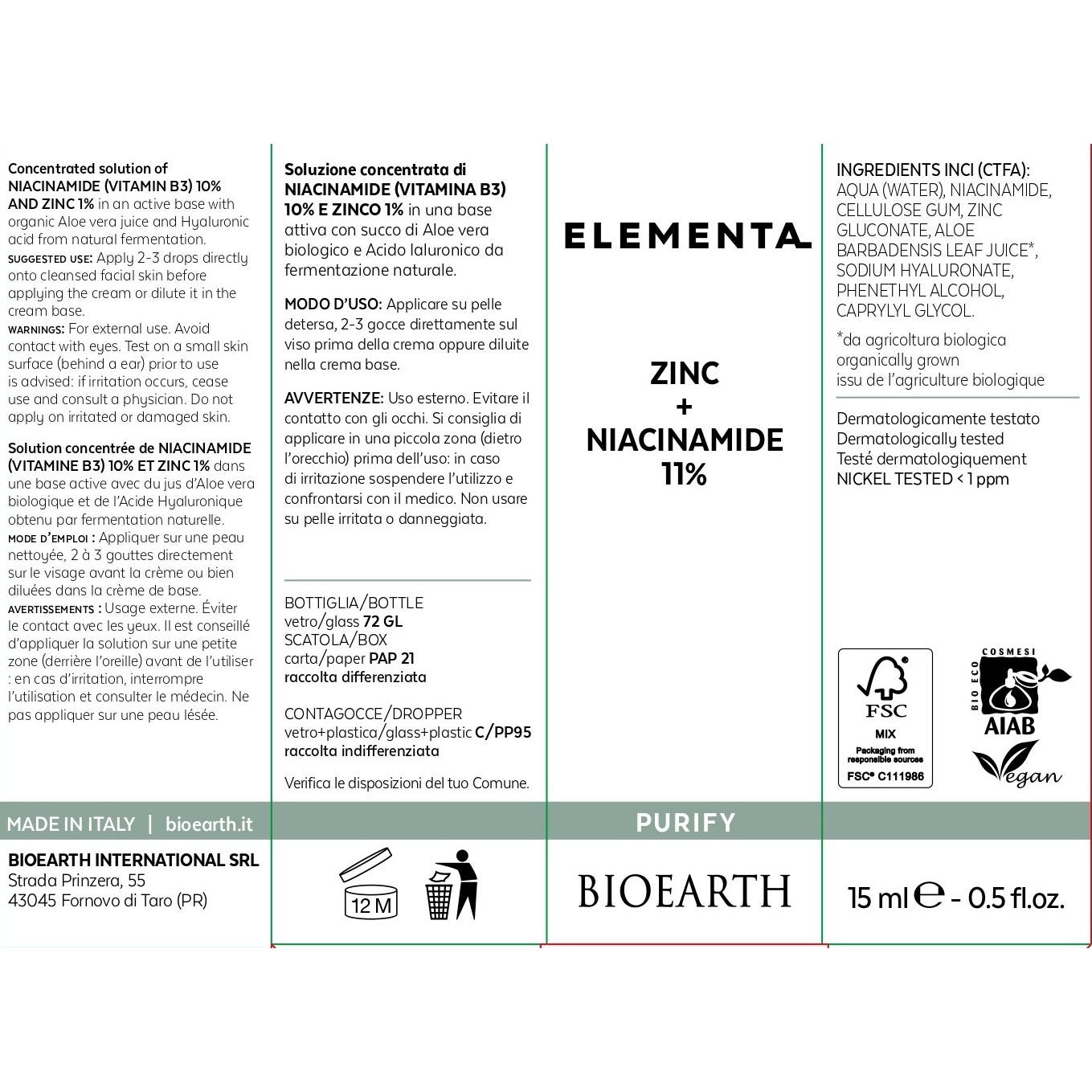 Bioearth Elemental Zinc + Niacinamida 11% 15ml