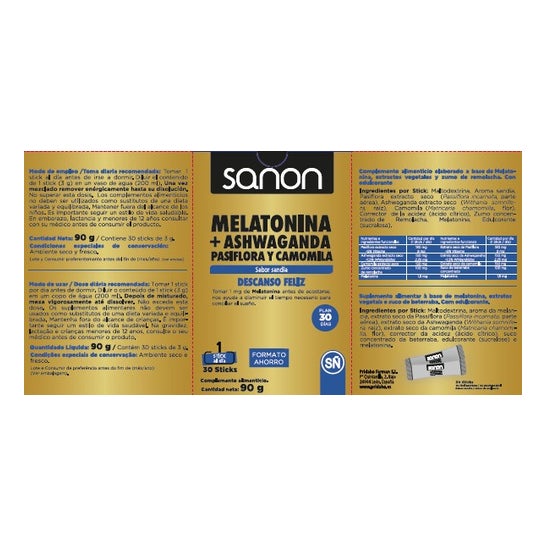 Sanon Melatonina + Ashwanda Pasiflora y Camomila Sabor Sandía 30 sticks