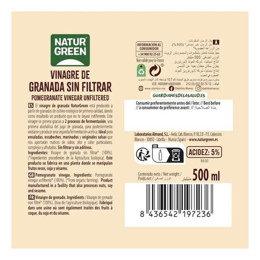 NaturGreen Vinagre de Granada sin Filtrar Bio 500ml