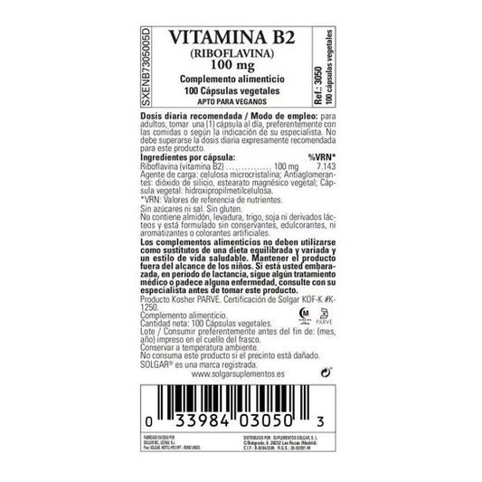 Solgar Vitamina B2 Riboflavina 100mg 100vcaps