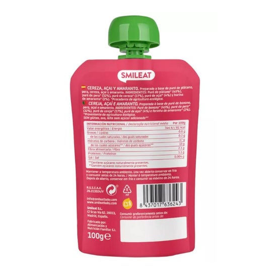 Smileat Pouch Ecológico de Cereza Açai y Amaranto 100g