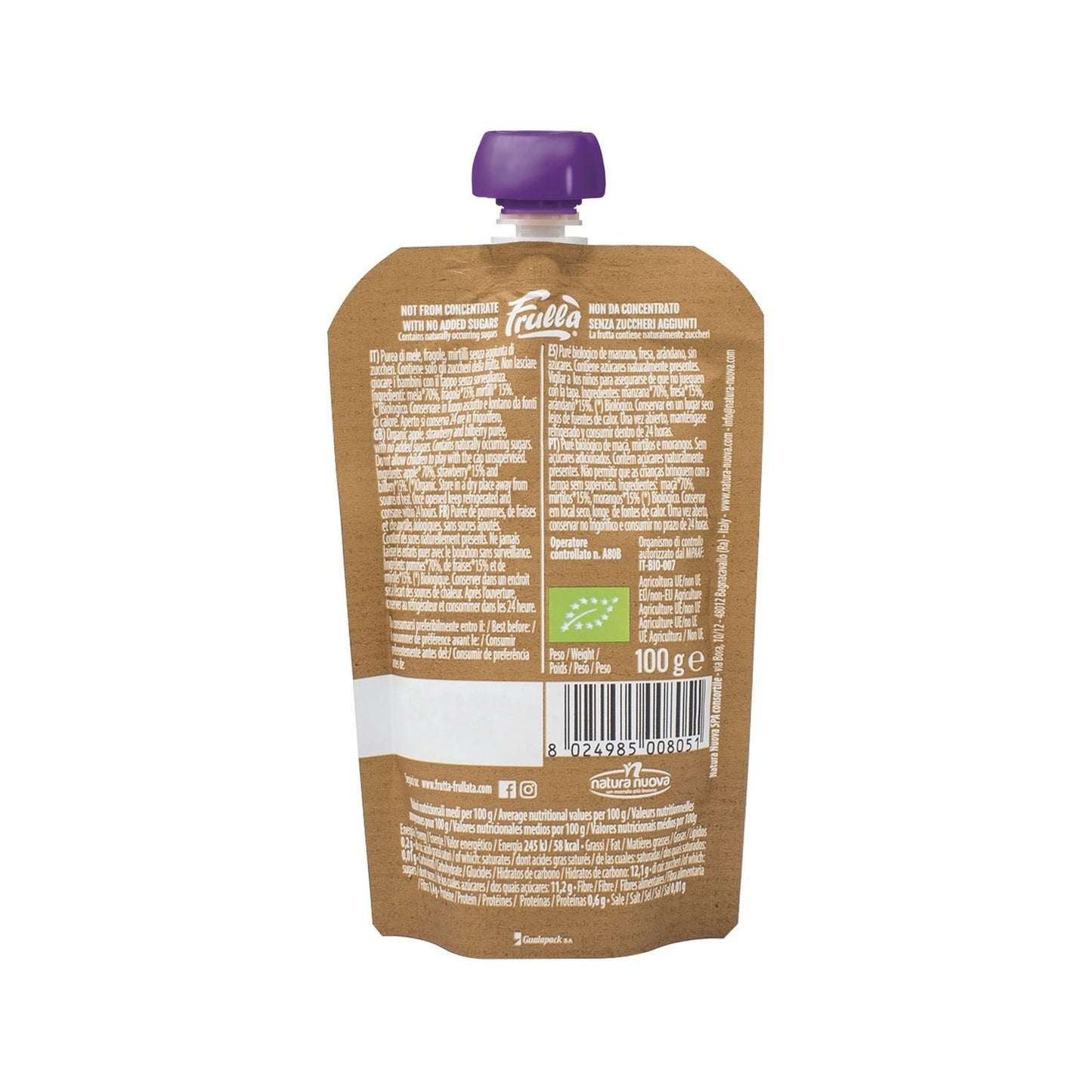 Natura Nuova Puré Manzana Fresa Arandanos Sin Azucar Doypack 100 g