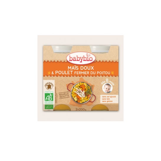 Babybio Pequeños tarros Menu Granja de verduras y pollos Pollo Ecológico en 8 meses 200g lote de 2