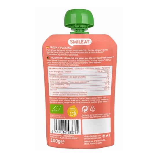 Smileat Pouch Ecológico de Fresa y Plátano 100g