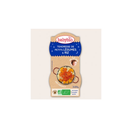 Babybio Tazones de Buenas Noches Ternura de Verduras Pequeñas Arroz Orgánico en 12 meses 2 x 200g