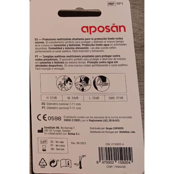 Aposán tapones oídos silicona adultos T-L 2uds