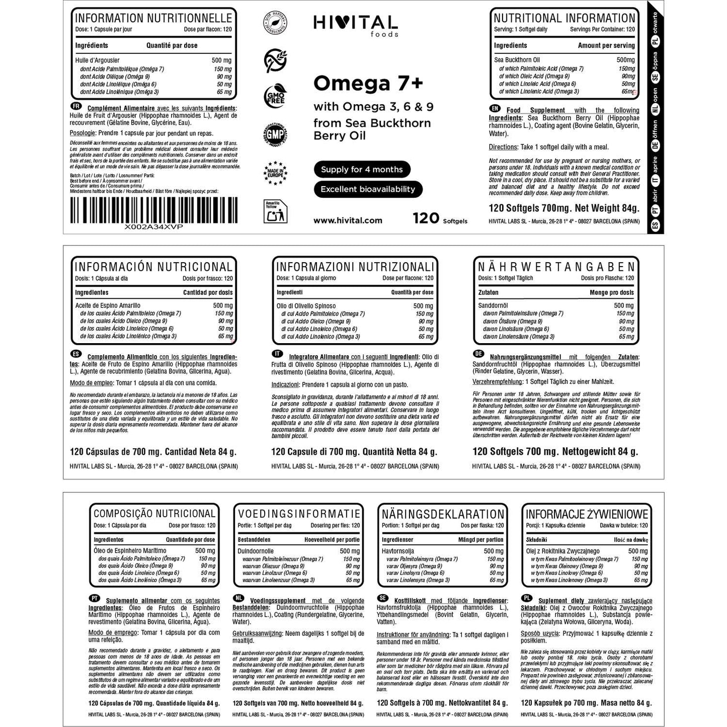HIVITAL Omega 7 Espino Amarillo 500 mg 120 cáps blandas