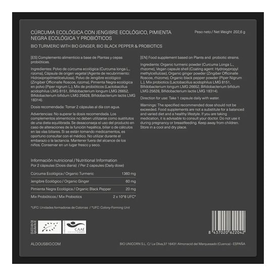 Aldous Bio Cúrcuma, Jengibre, Pimienta Negra y Probióticos 250 caps