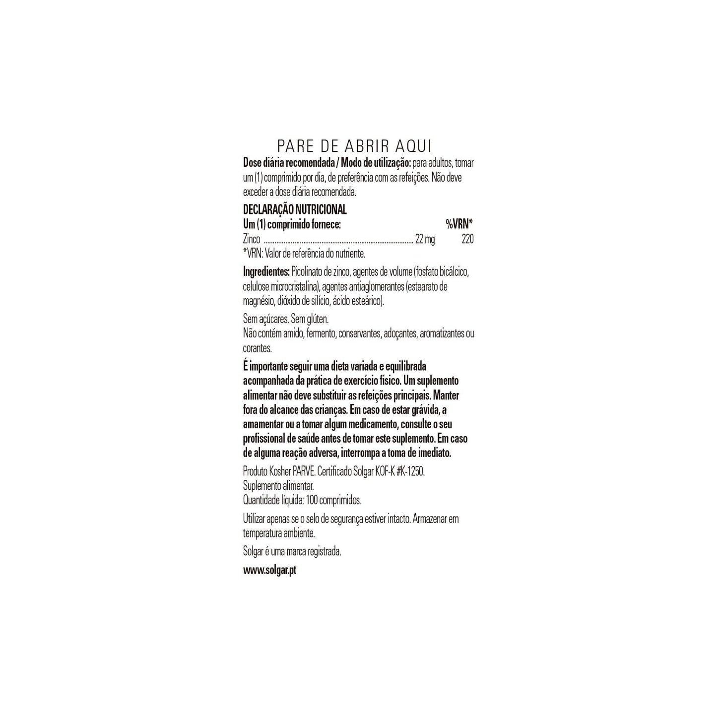 Solgar Picolinato de Zinc 22mg 100comp