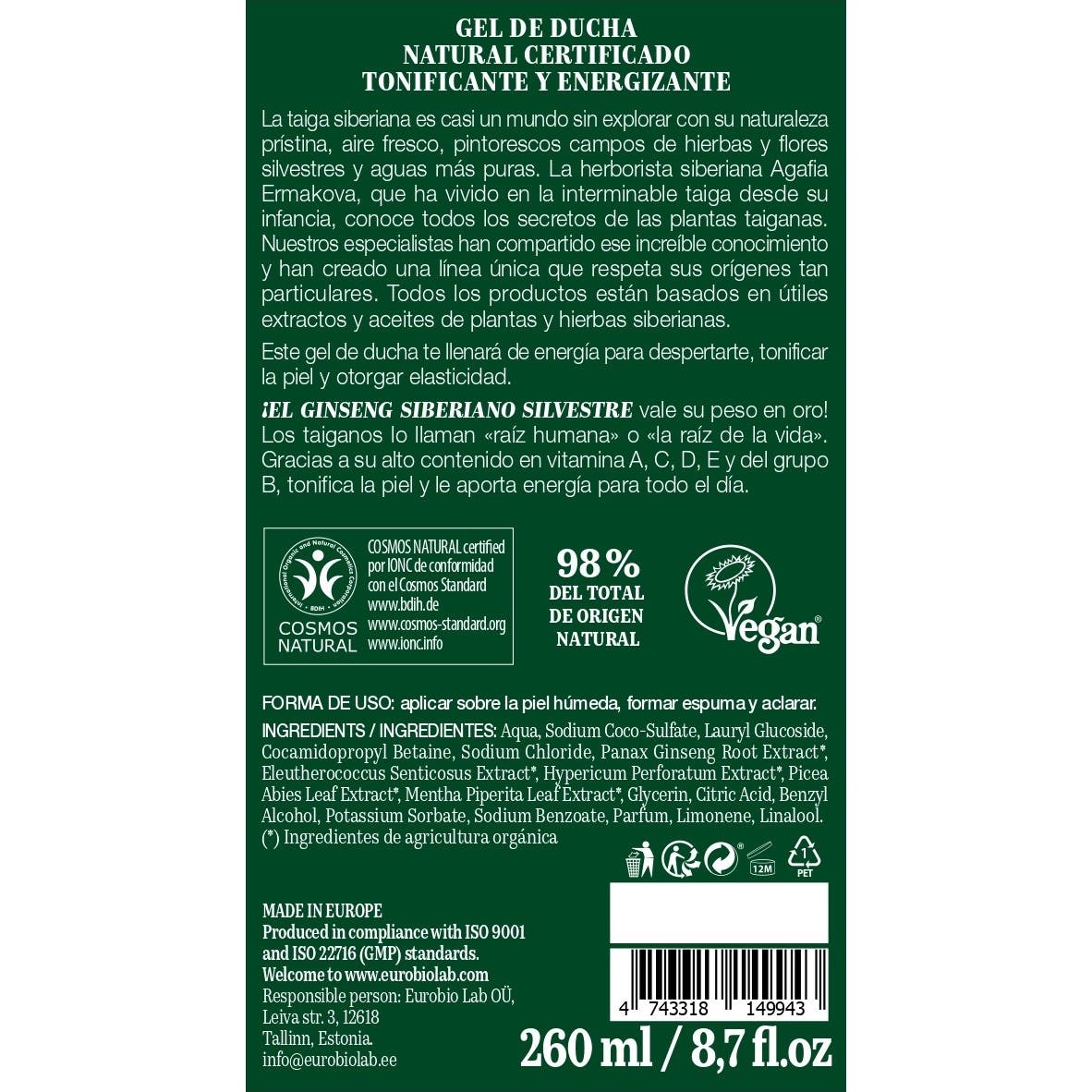 White Agafia Gel de Ducha Natural Tonificante y Energizante 260ml