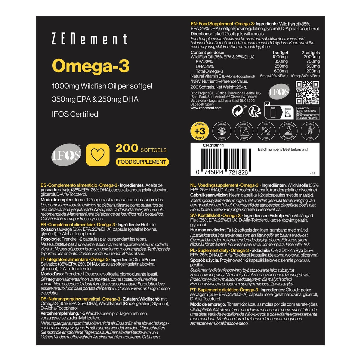 Zenement Omega 3 1000mg Aceite Pescado Salvaje 200 Perlas