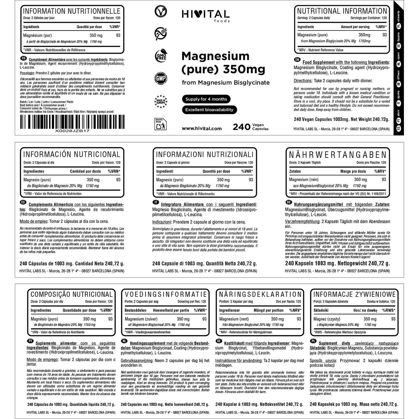 HIVITAL Magnesio bisglicinato 350 mg 240 cáps