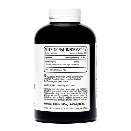Hivital Foods Magnesio puro 200 mg procedente de Citrato de Magnesio 240 comp (8 meses)