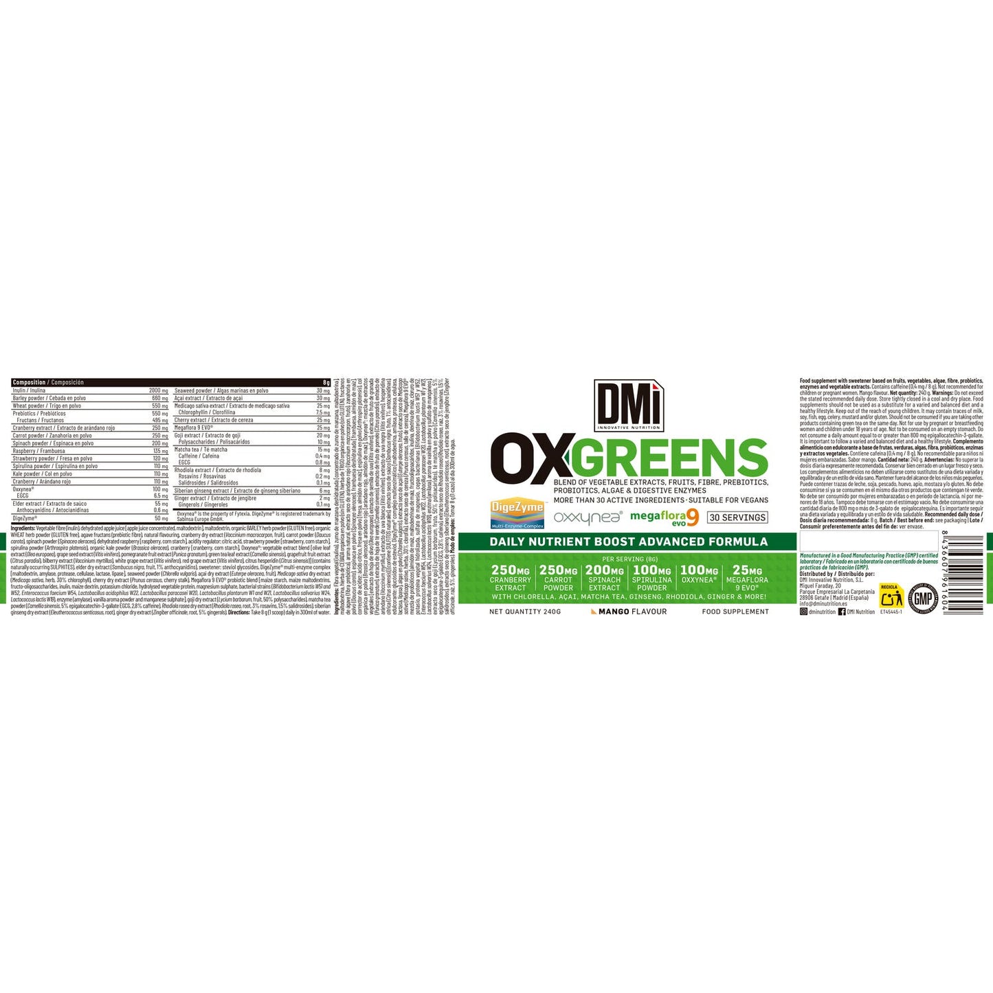 DMI Nutrition OX-Greens DigeZyme Oxxynea Megaflora 9 Evo Mango 240g