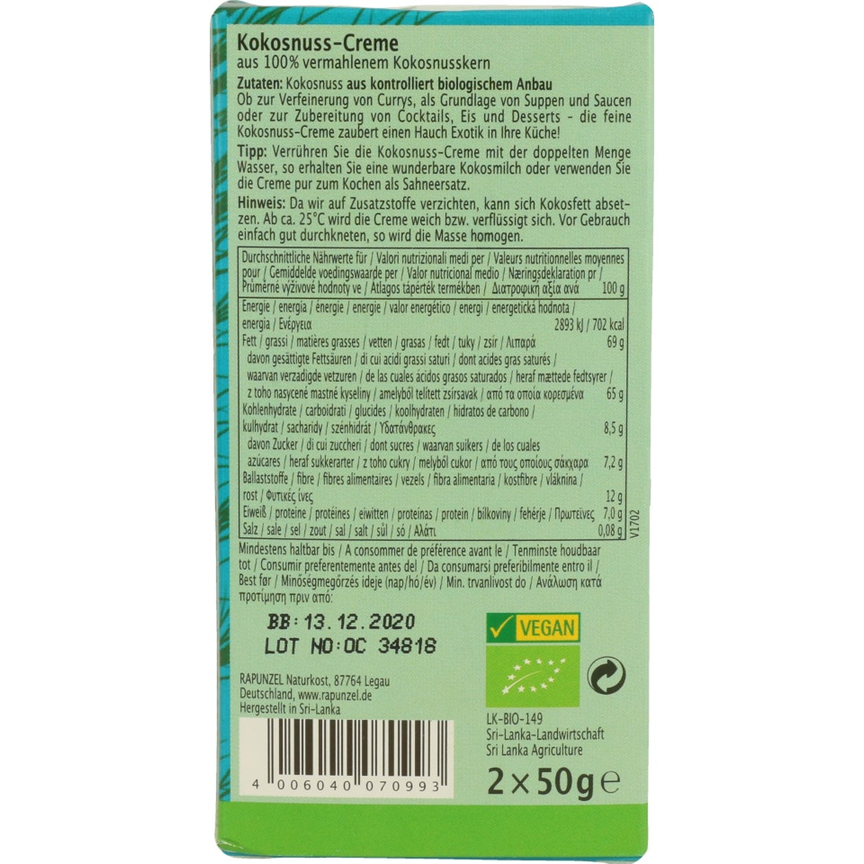 Rapunzel Crema Leche Coco Cocinar 2x50g