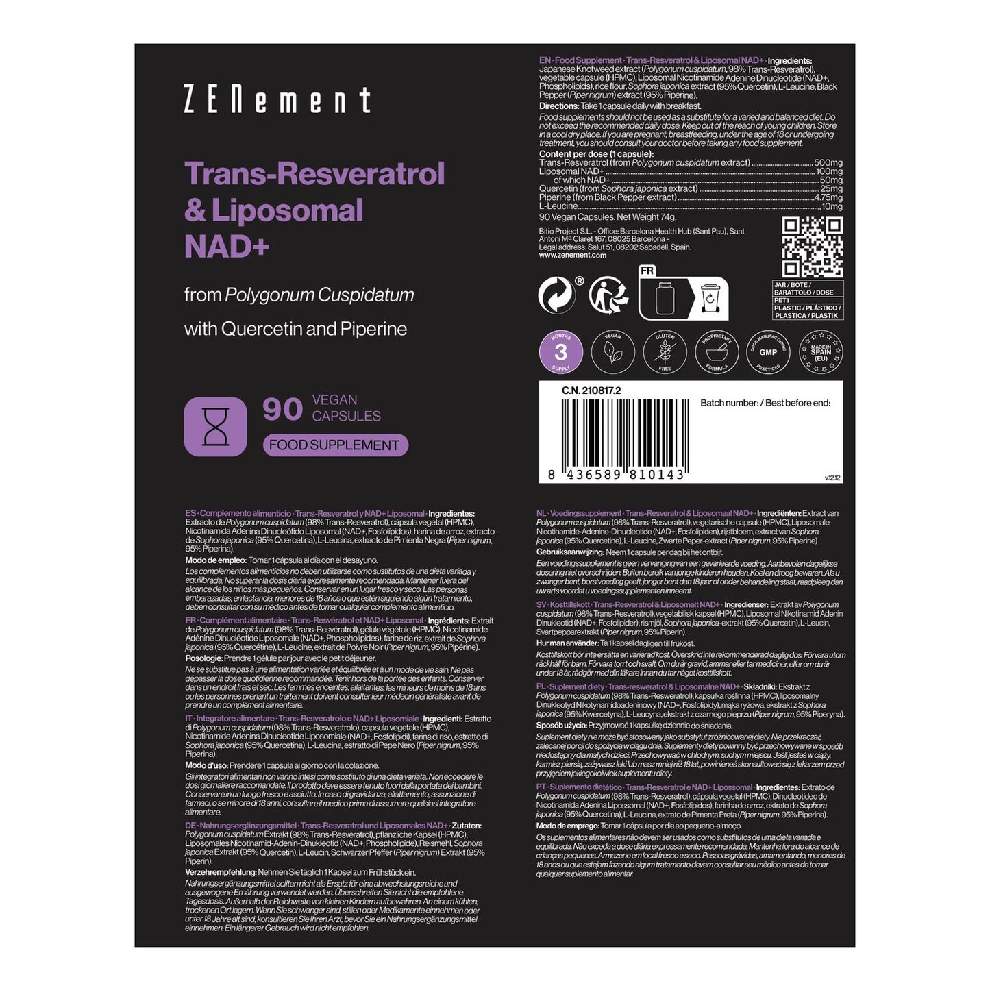 Zenement Trans-Resveratrol & Liposomal NAD+ 90 caps