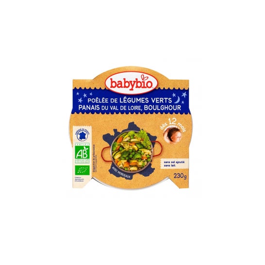 Babybio Buenas noches desde los 12 meses Plato Verduras Verdes Chirivías Boulghour 230 Gramos