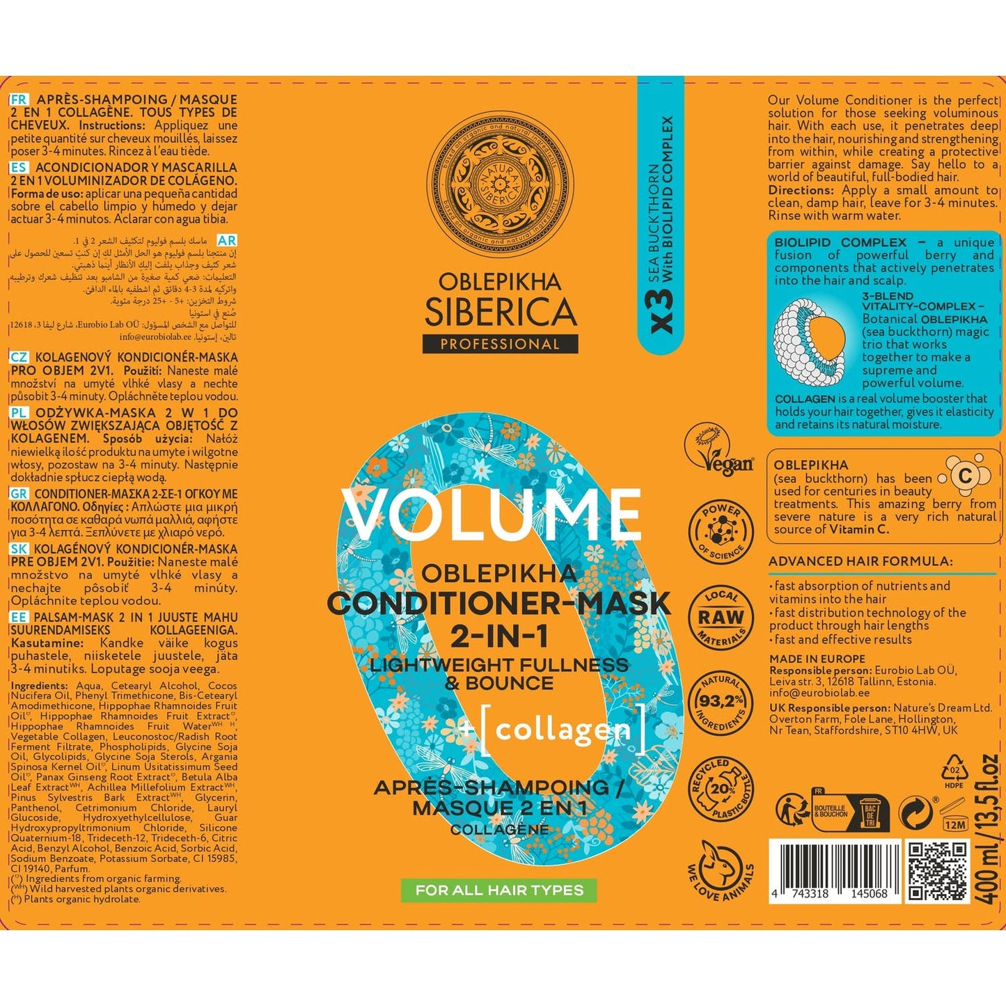 Natura Siberica Oblepikha Acondicionador Mascarill Volumen 400ml