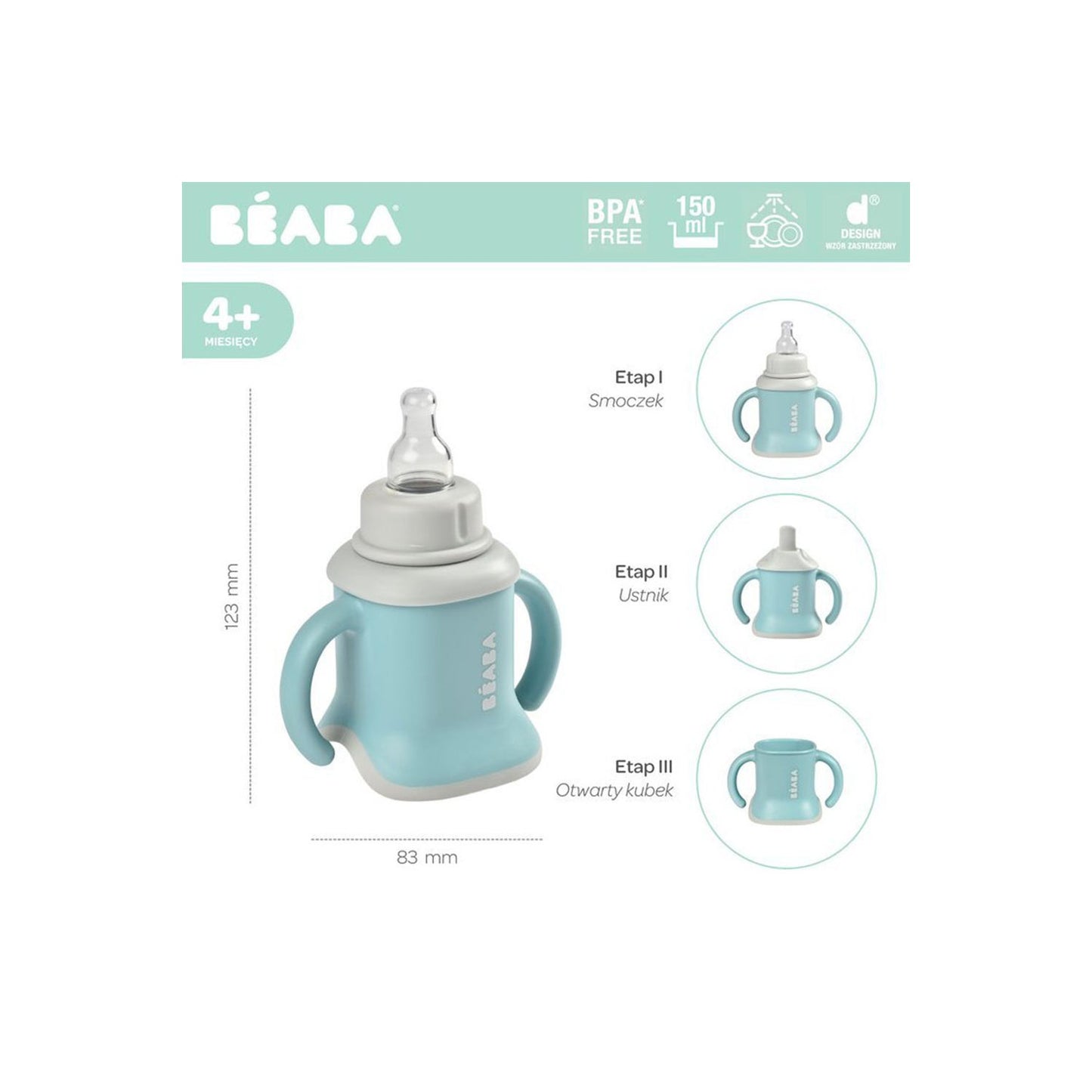 Beaba Taza Evoluclip 3 en 1 Airy Green +4M 150ml