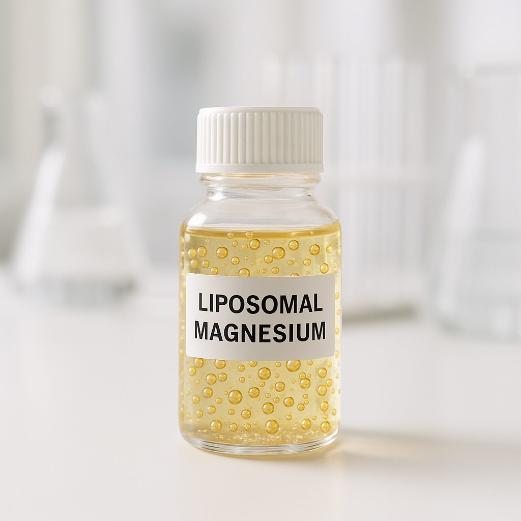 Frasco con suplemento de magnesio liposomal sobre fondo neutro