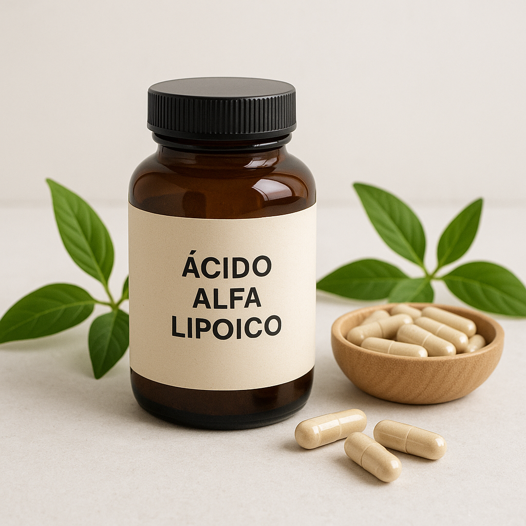 Frasco de suplemento de ácido alfa lipoico con cápsulas