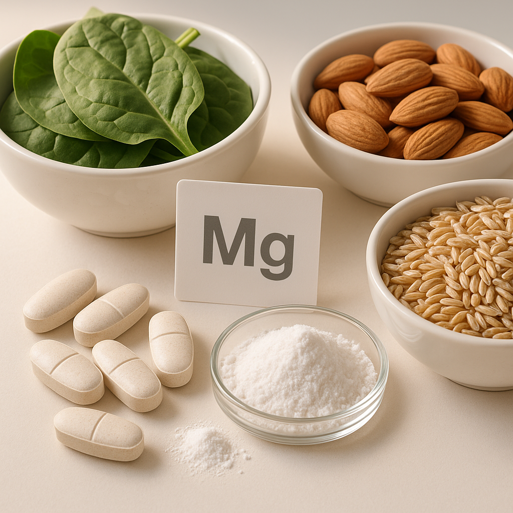 Varias formas de magnesio en tabletas y alimentos ricos en magnesio