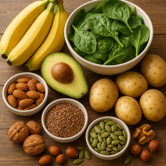 Alimentos ricos en magnesio y potasio sobre una mesa
