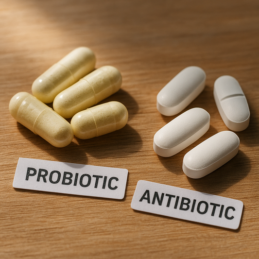Frascos con probióticos y pastillas de antibióticos sobre una mesa
