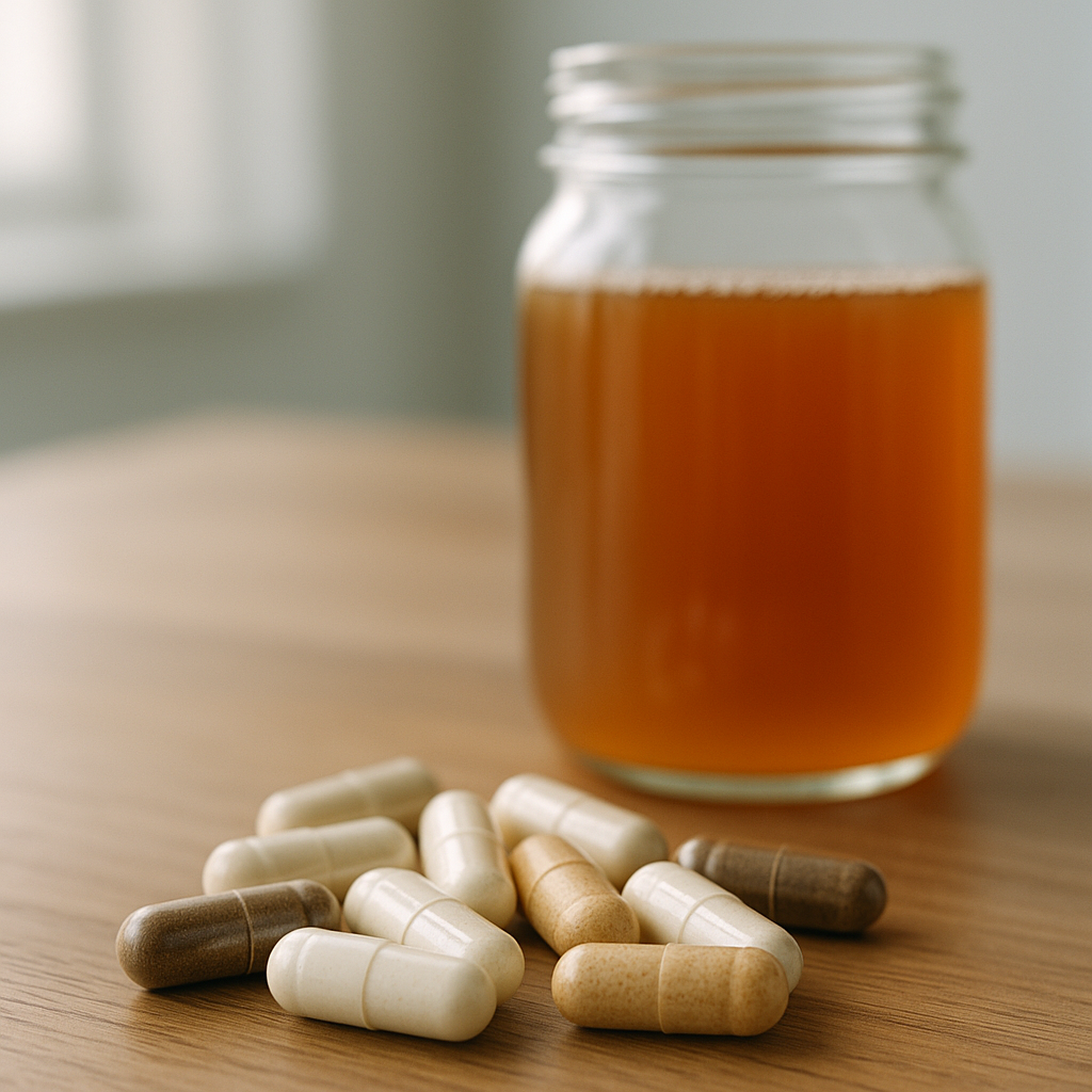 Frascos y cápsulas de probióticos sobre mesa de madera