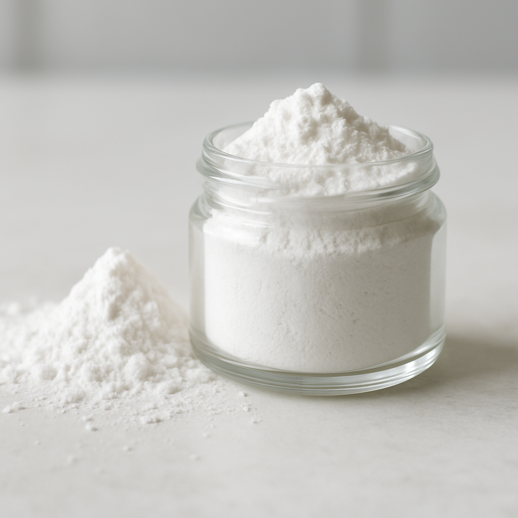 Polvo blanco de carbonato de magnesio en tarro y sobre superficie