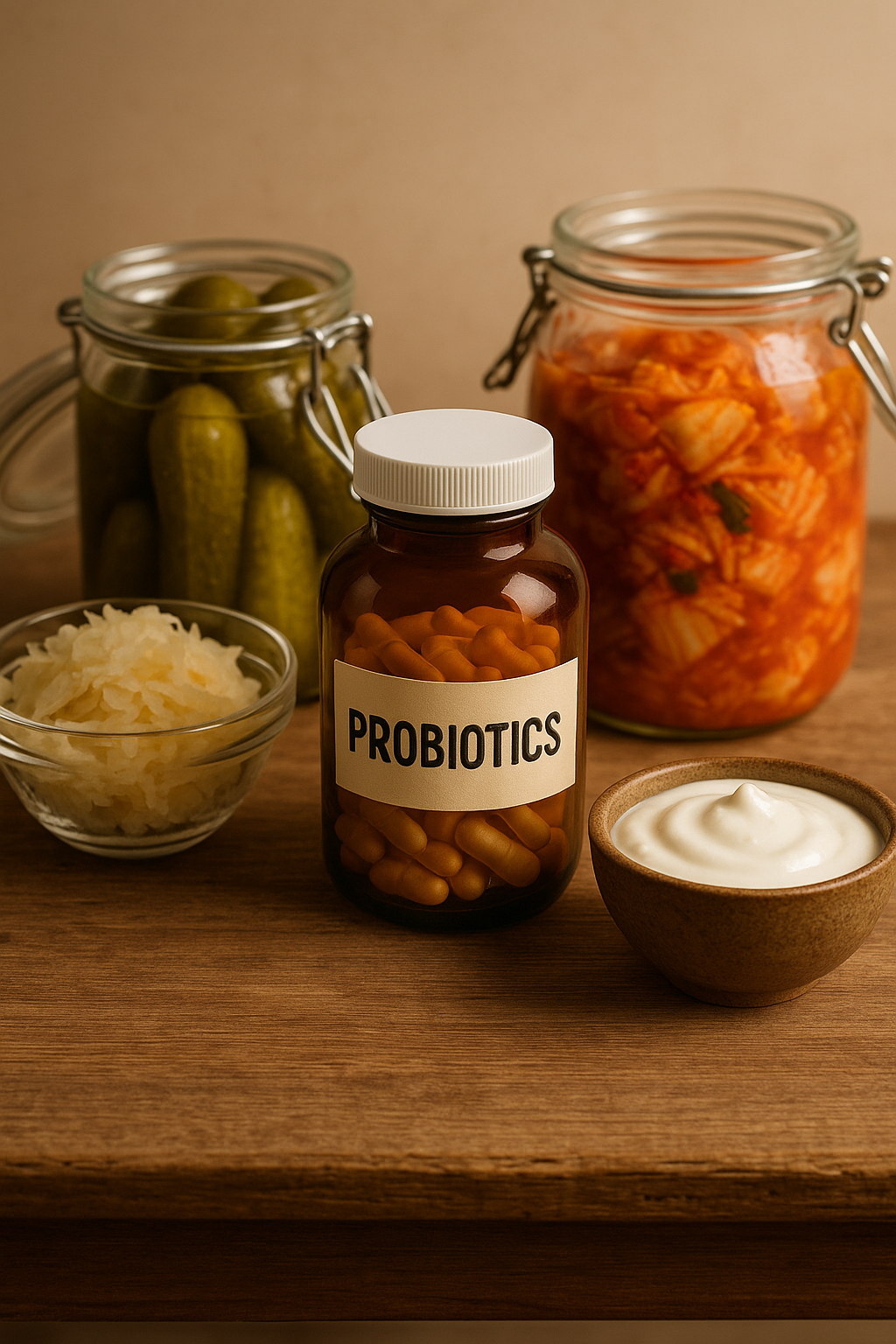 Frasco de probióticos junto a alimentos fermentados sobre mesa de madera