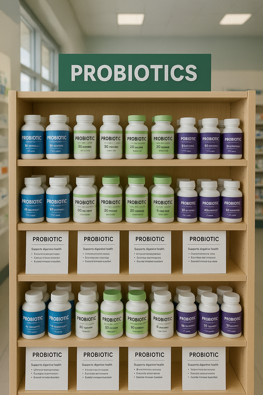 Estantería de farmacia con envases de probióticos etiquetados y fichas explicativas