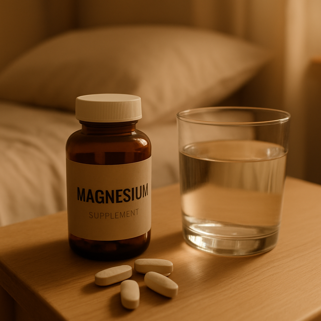 Tabletas de magnesio junto a un vaso de agua en una mesilla, ambiente de dormitorio tranquilo