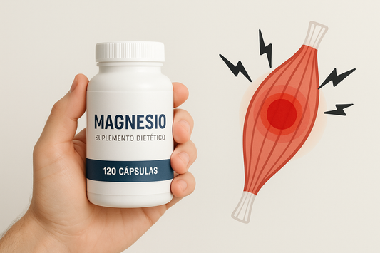 Persona mostrando suplemento de magnesio junto a representación de dolor muscular