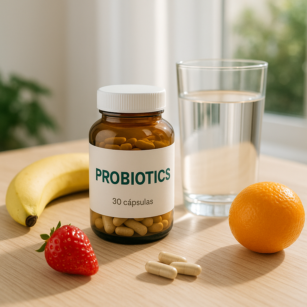 Frasco de probióticos junto a un vaso de agua y frutas