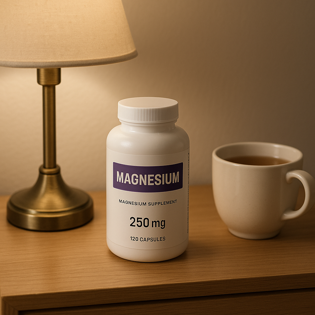 Envase de suplemento de magnesio en una mesilla junto a una lámpara y taza de té