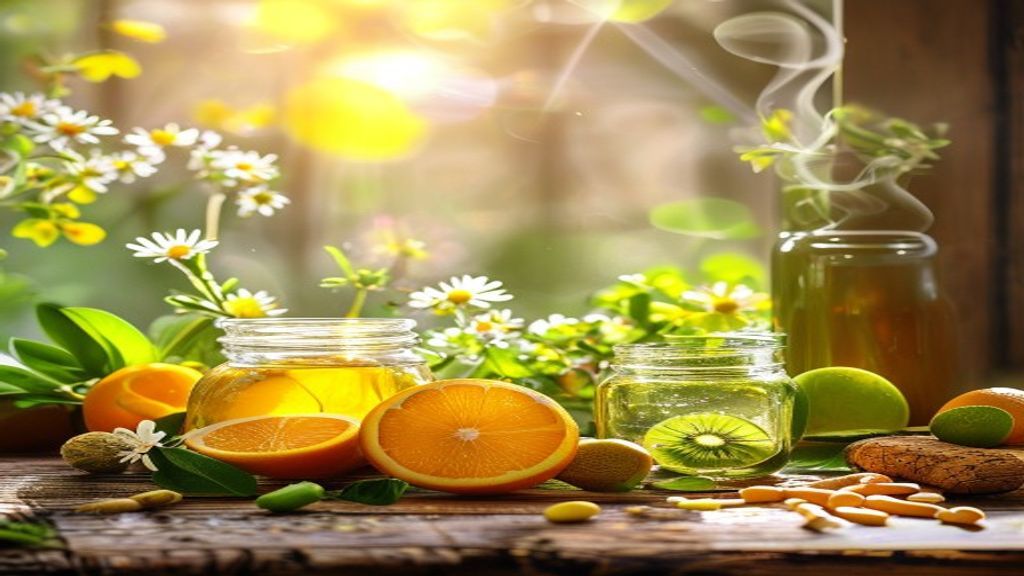 Vitaminas y suplementos para combatir la astenia primaveral: frutas frescas, vitamina C, ginseng y té verde en escena de mañana de primavera