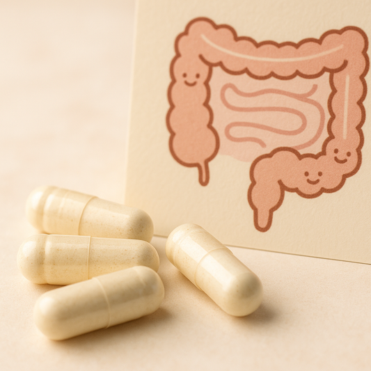 Cápsulas de probióticos junto a ilustración simplificada del intestino