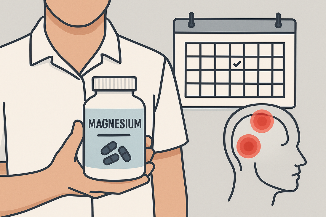 Frasco de suplementos de magnesio junto a calendario e ilustración de cabeza con dolor