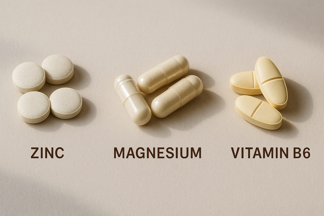Comprimidos y cápsulas de zinc, magnesio y vitamina b6 sobre fondo neutro