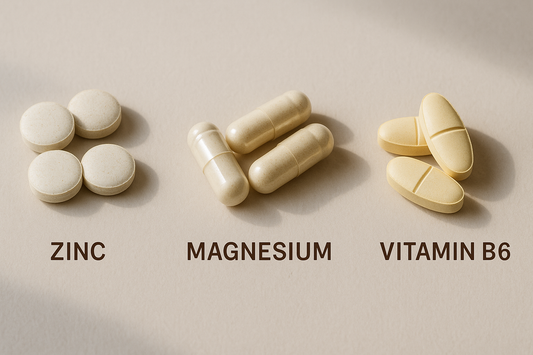Comprimidos y cápsulas de zinc, magnesio y vitamina b6 sobre fondo neutro