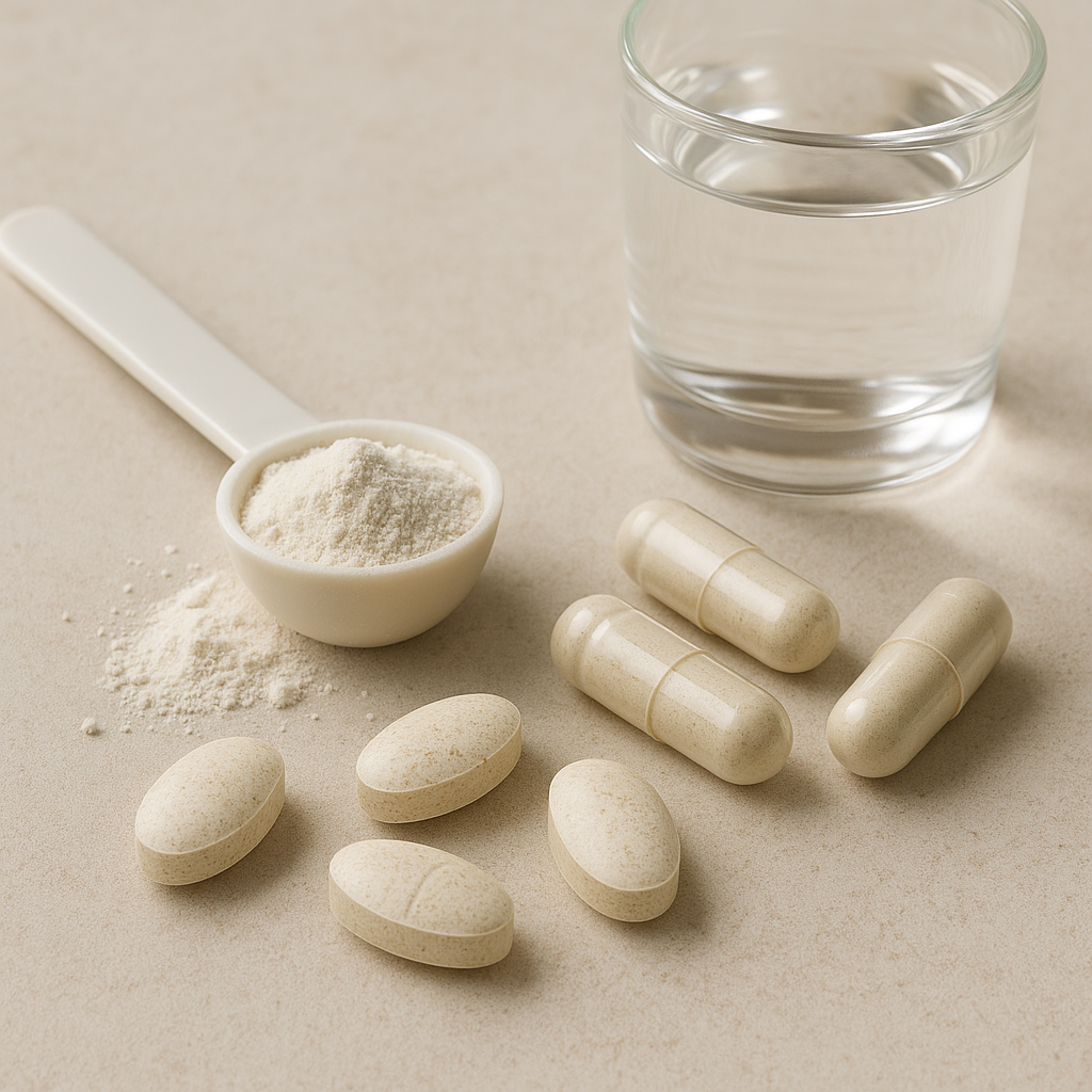 Varias presentaciones de suplementos de magnesio junto a un vaso de agua