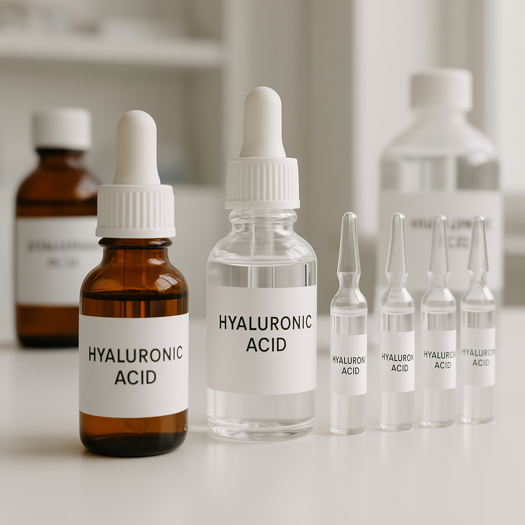 Frascos y ampollas de ácido hialurónico en una farmacia sobre mostrador