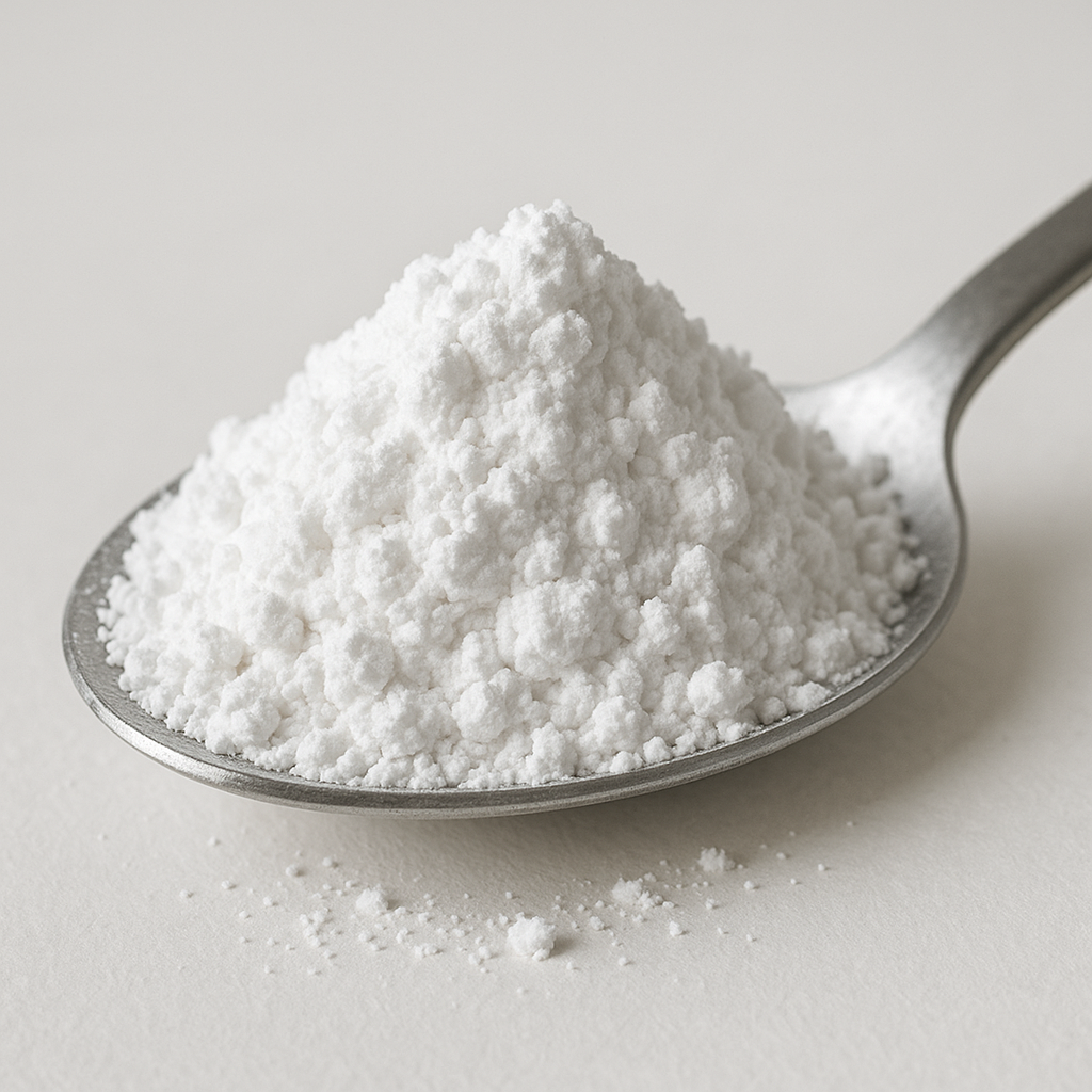 Polvo blanco de carbonato de magnesio en cucharilla sobre fondo neutro