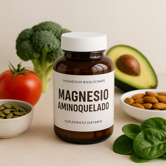 Frasco de suplemento de magnesio aminoquelado junto a alimentos saludables