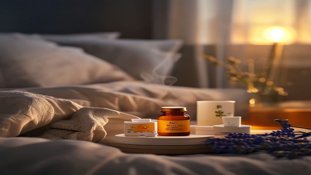Productos de farmacia recomendados para dormir mejor: melatonina, magnesio, aceite esencial de lavanda y té de hierbas sobre mesilla de noche con luz cálida nocturna