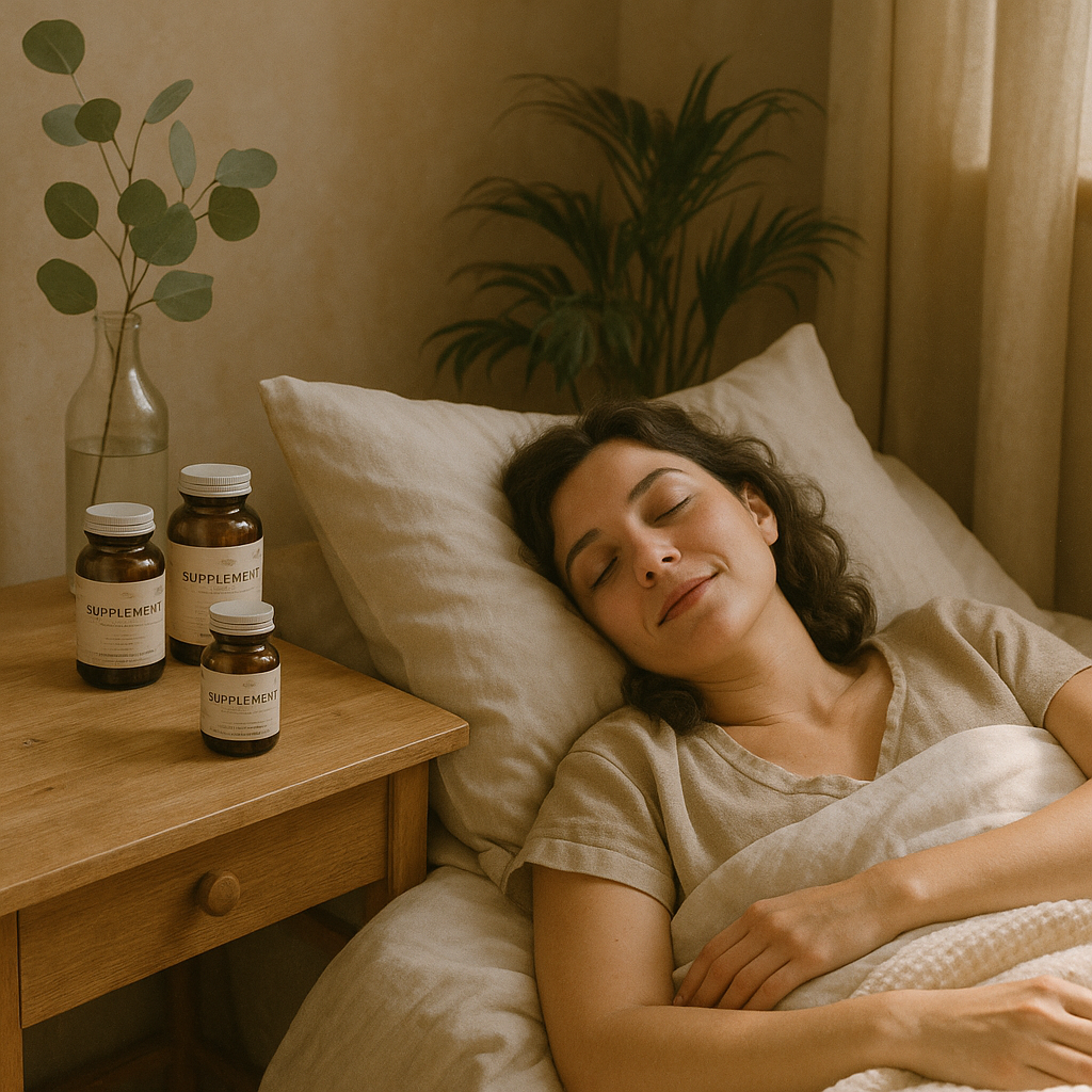 persona descansando en cama con suplementos en mesita de noche
